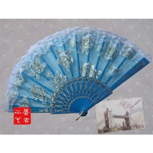 [ Fly Eagle ] New Folding Light Blue Hand Lace Flower Fan Party Wedding Decor Supply Free Shipping