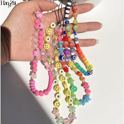 HangZhi 2021 New Colorful Clear Star Glazed Evil Eyes Smiling Acrylic Phone Chain for Girls Anti-lost Keychain Phone Strap