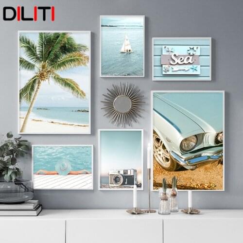 Vacation Beach Sea Canvas Painting Woman Starfish Camera Boat Palm Posters and Prints Nordic Wall Art Pictures for Living Room