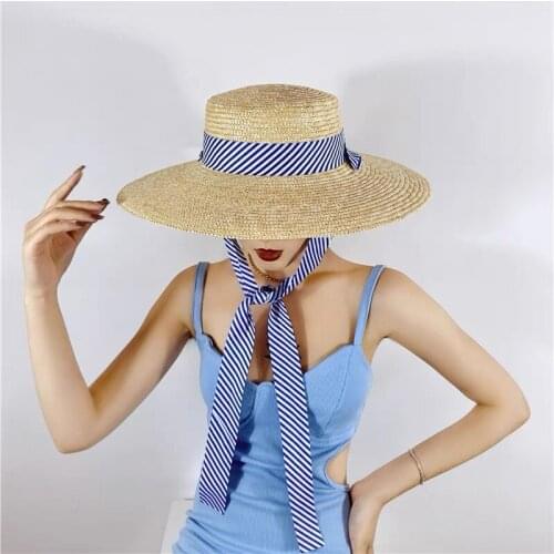 New Summer Holiday Flat Top Handmade Straw Women Blue Stripe Ribbon Pattern Fedoras Cap Leisure Straw Casual Hat Chapeu Feminino
