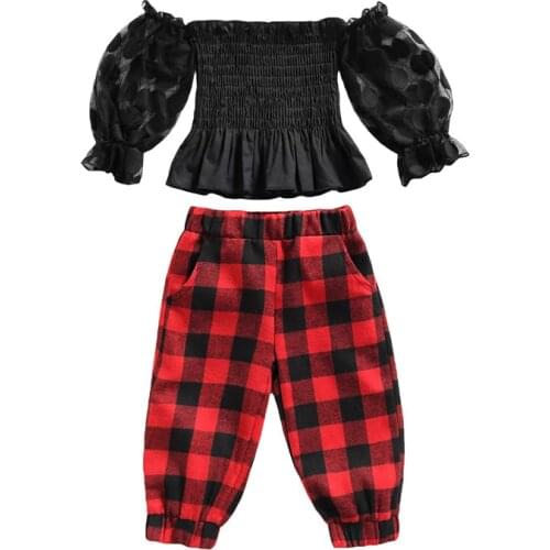 1-5 Years Girls Casual Outfits Baby Girls Off-Shoulder Smocked Dot Pattern Puff Sleeve Mesh Pullover Plaid Pants Pocket Girl Set