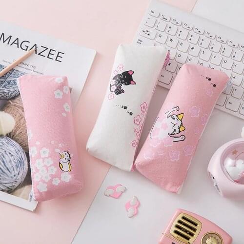 Kawaii Pink Cat Capacity Canvas Pencil Case for girls school supplies Pencil Bags Pen Box Girls School Stationery Bag