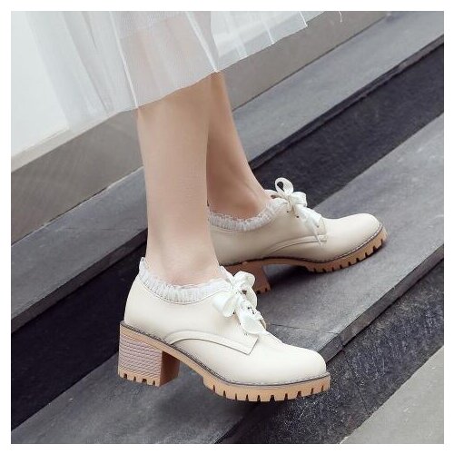 PXELENA British Vintage Women Chunky Block Square High Heels Pumps Round Toe Ruffles Oxfords Lace Up Office Collegiate Shoes New
