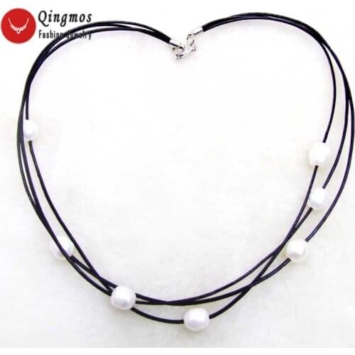 Qingmos White 10-11mm Natural Pearl Necklace for Women with 10-11mm Rice Pearl Pendant Leather 3 Strands 19-21" Chokers Necklace