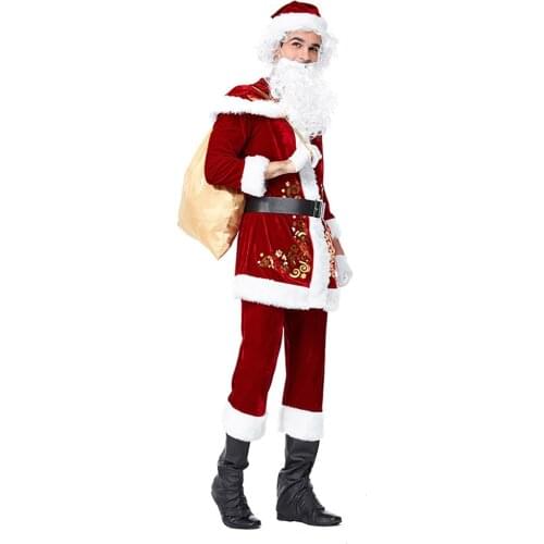 Christmas Santa Claus Costume Printing Red Man Santa Claus Cos Suit With Beard Hat Western Style Adult Winter Plush Clothes