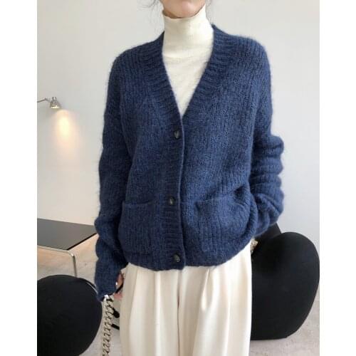 Wool Winter Women Cardigan VNeck Harajuku Knitted Button Solid Elegant Chic Sweater Loose Brown Streetwear Warm Female Clothes