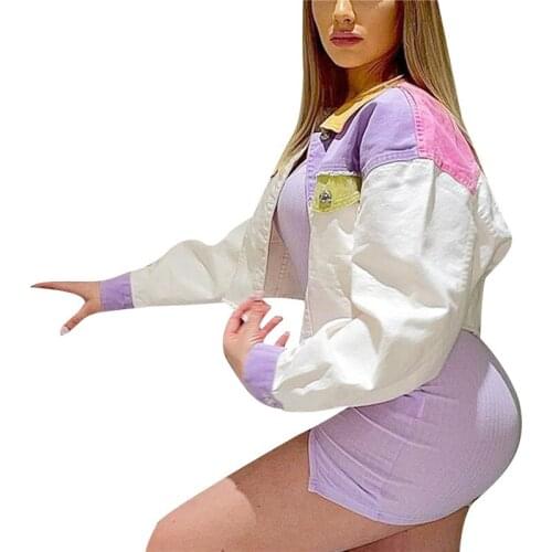 Womens Color Block Patchwork Denim Jacket Long Sleeve Button Down Jean Jacket Casual Slim Single Breasted Ins Coat Streetwear