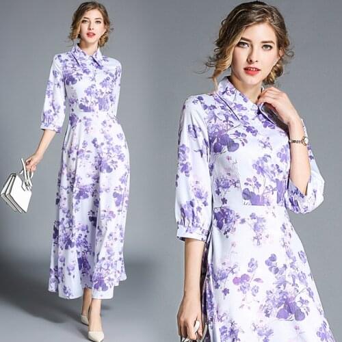 2021 New Spring Summer Floral Print Long Maxi Dress Big Swing Elegant Office Lady Slim Three Quarter Puff Sleeve A-Line Dresses