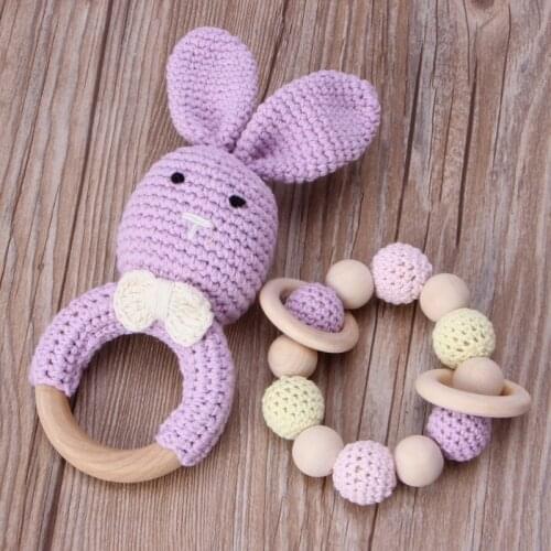 2Pcs/Set Baby Wooden Teether Bracelet Crochet Bunny Teething Ring Chewing Toy 'zt