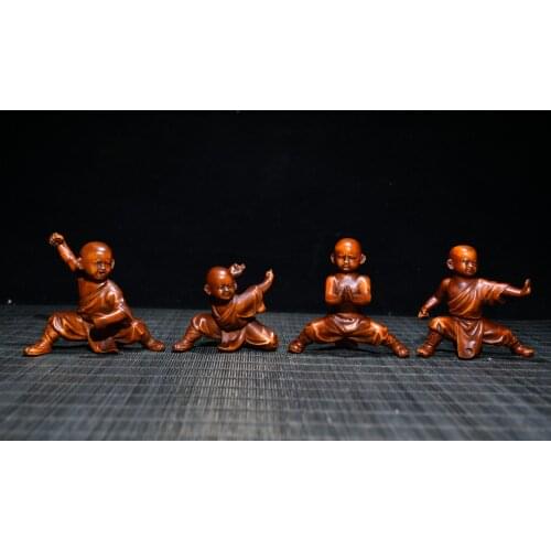 5"China Lucky Old Boxwood Gilt Hand-carved Kung Fu Kid Shaolin Kid 4 little monks Little novice monk Office Ornaments Town House