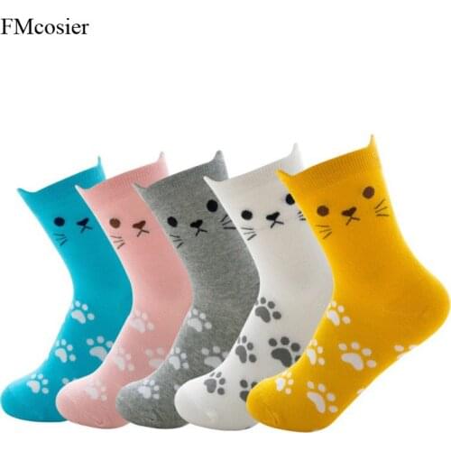 5 Pairs Spring Autumn Womens Cotton Colorful Cartoon Cute Funny Happy kawaii Socks Sokken Female animal print Ladies sock