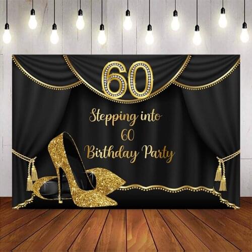 60th birthday party gold glitter High heels backdrop black curtrain sixty birthday party decoration supplies custom background