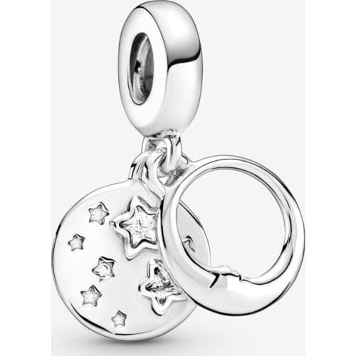 Free Shipping Authentic 925 Sterling Silver Sleeping Moon and Stars Dangle Charms Fit Original Bracelet For Women DIY Jewelry