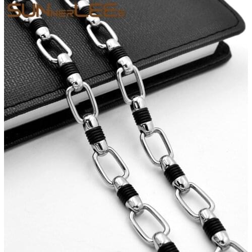 SUNNERLEES 316L Stainless Steel Necklace 10mm Geometric Link Chain Silver Color Black Silicone Men Women Jewelry Gift SC171 N