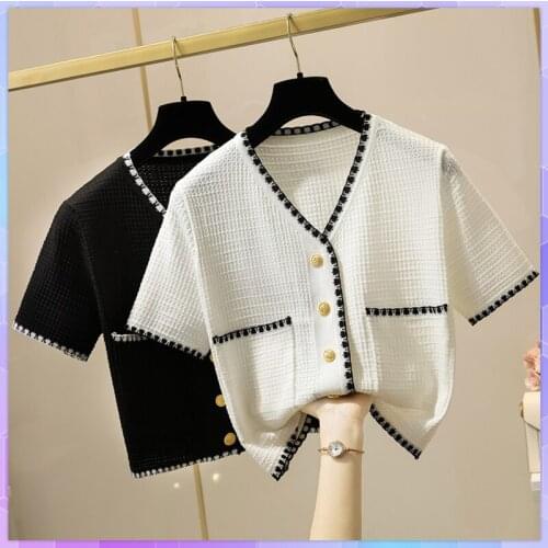 Korean V-Neck Knitte Cardigan Women Thin Crop Top Fashion Summer Short-Sleeved Short Knitted Coat Loose Crop Tops Ropa Mujer