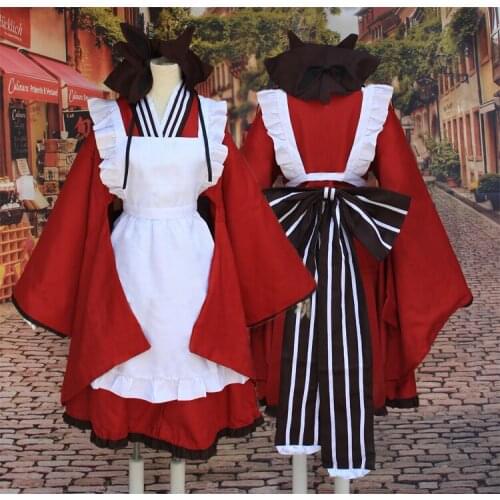 Anime Gugure!Kokkurisann COSPLAY Halloween Party COS Maid outfit long sleeve kimono Costumes Full set Top+ Dress+Apron+Hat+Tail