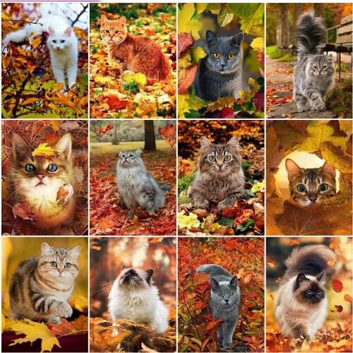 MomoArt Autumn Cat Diamond Painting New Arrival Kits Diamond Embroidery Animal Needlework Mosaic Cross Stitch Home Decoration