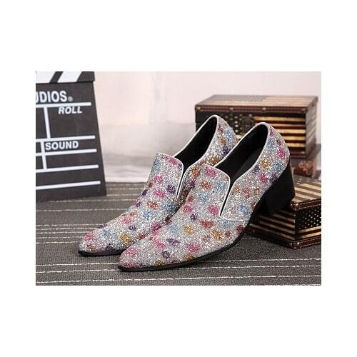 Men Pointed Toe High Heel Bling Bling Nightclub Shoes Formal Party Dress Shoes Loafers