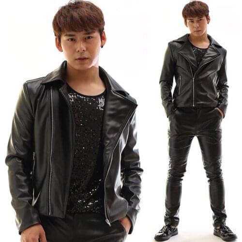 Black leather blazer men suit designs stage costumes for singers turn-down collar men clothes oblique zipper jacket and pant