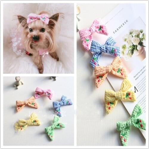 Pet Plaid cherry bow hairpin one word frog clip Hairpin Grooming Dogs Hair Clip