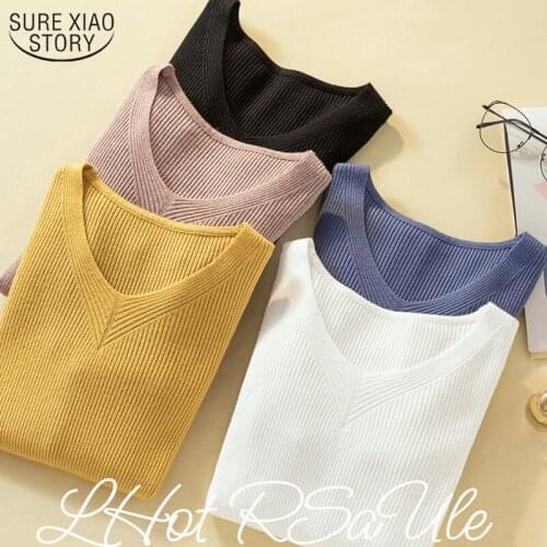 Simple Bottoming Sweater Long Sleeve Knitted Pullover Winter Clothes Women Solid Color V-Neck Ribbed Knitwear Pull Femme 11785