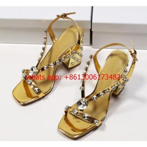 Real photos design brand woman diamond chunky heel sandal open toe gold black silver slingback rhinestones woman sandal