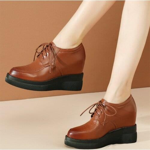 Chunky Platform Pumps Women Lace Up Genuine Leather Wedges High Heel Ankle Boots Female Round Toe Fashion Sneakers Casual Shoes