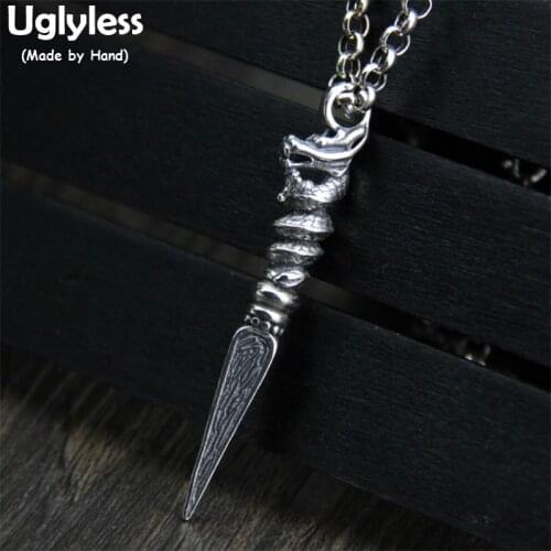 Uglyless Real S925 Thai Silver Buddhist Instruments Vajra Pendants for Men Vintage Carved Dragon Necklace without Chains Bijoux