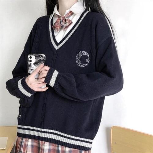 College Style JK Uniform Autumn Winter Sun Moon Stars Long-sleeved Female Student Sweater Loose Knitted Cotton Pullover Sweater