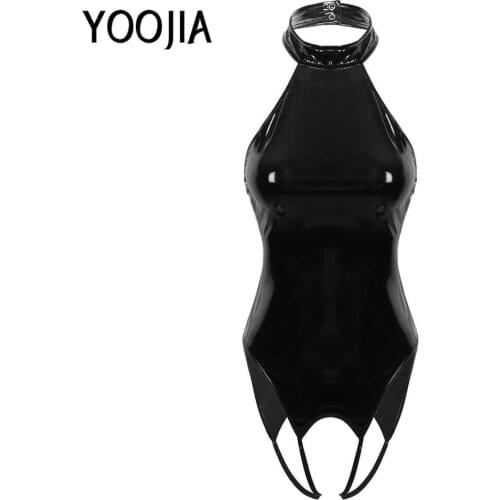 YOOJIA Womens Patent Leather Lingerie Halter Backless Open Crotch Bodysuit High Cut Thong Leotard Jumpsuit Nightwear Clubwear