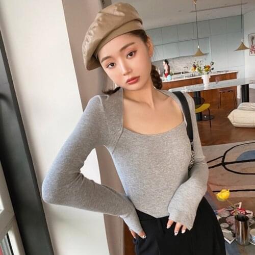 Korean Style Woman Tshirts 2021 Spring Sexy Stretchy Bodycon Square Neck Long Sleeve T Shirt Solid Color Tops T574