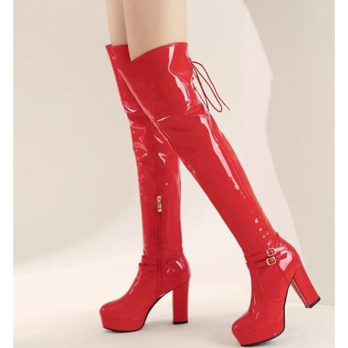 Women Boots Sexy Patent Leather Platform Over The Knee Boots Square High Heel Long Boots Autumn Winter Zipper Shoes Ladies