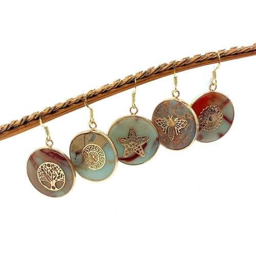 Womens Natural Stone Copper Pendant Earrings Shou Xian Stone Round Hollow Carved Tree of Life Earrings Womens Indian Jewelry