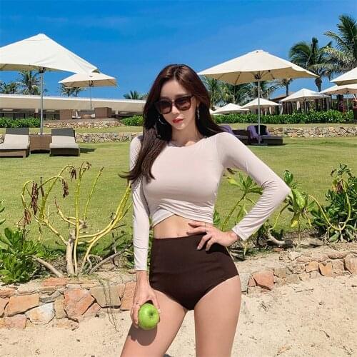 Long Sleeve Rash Guard Women Solid Two Piece Swimsuit Push Up Swimwear High Waist Tankini Cut Out Surfing Suit Crop Top Diving