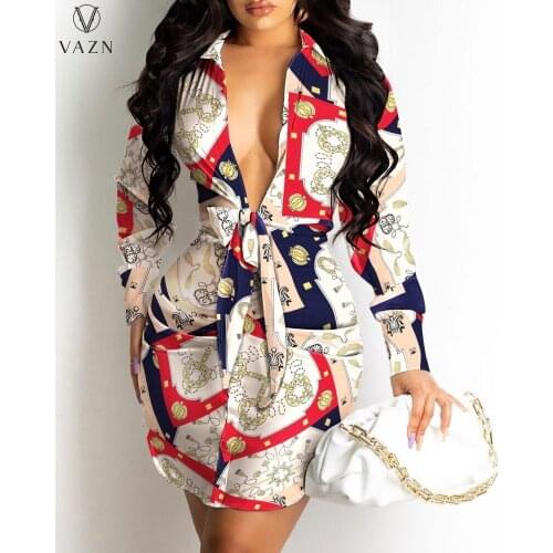 VAZN 2021 Autumn INS Retro Little Chap Sexy Club Young Deep V-Neck Full Sleeve High Waist Women Skinny Mini Dress Vestido