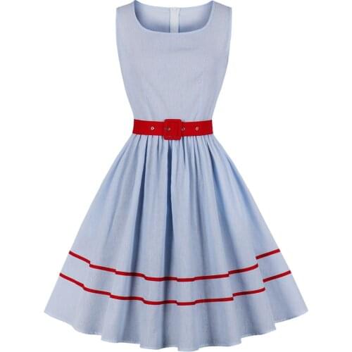 2021 O-Neck Sleeveless 50s Striped Vintage Pleated Summer Dress 100% Cotton Women Pocket Side Red Belt Casual Ladies Dresses