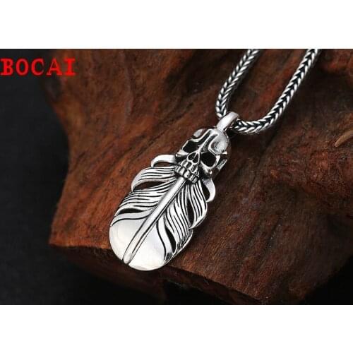 100% s925 sterling silver European and American fashion punk style personality retro Thai silver skull feather pendant for men a