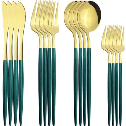 16pcs Stainless Steel Tableware Silverware Set Cutlery Green Gold Dinner Knive Dessert Fork Spoon Kitchen Dinnerware Flatware