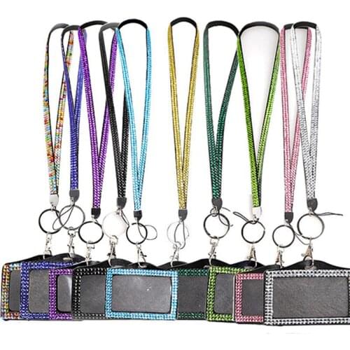 50pcs/lot Rhinestone Bling Lanyard with Horizontal PU ID Badge Card Holder and Key Chain Fashion Phone Strap Free shipping