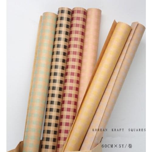 60cmx5yards Roll Korean Kraft Squares Paper Vintage Waterproof Flower Wrapping Paper Bouquet Floral Packaging Material
