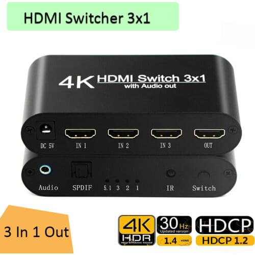 1080P HDMI to HDMI Switcher 3x1 3 In 1 Out 4K Audio Extractor with Remote Audio HDMI In SPDIF Out for TV PC Projector Camera