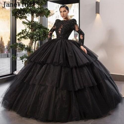 JaneVini Sparkle Heavy Beading Black Quinceanera Dresses 2020 Luxury Saudi Arabia Long Sleeves Tiered Skirt Ball Gown Prom Dress