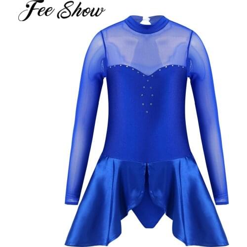 Kids Girls Ballet Dress Dance Gymnastics Leotard Dress Long Sleeve See Through Mesh Patchwork Figure Ice Skating Dance Jumpsuit