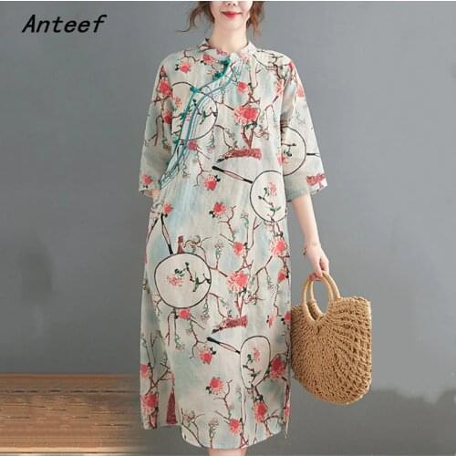 Cotton linen vintage floral dresses for women casual loose long woman summer dress elegant clothes 2021 sundress