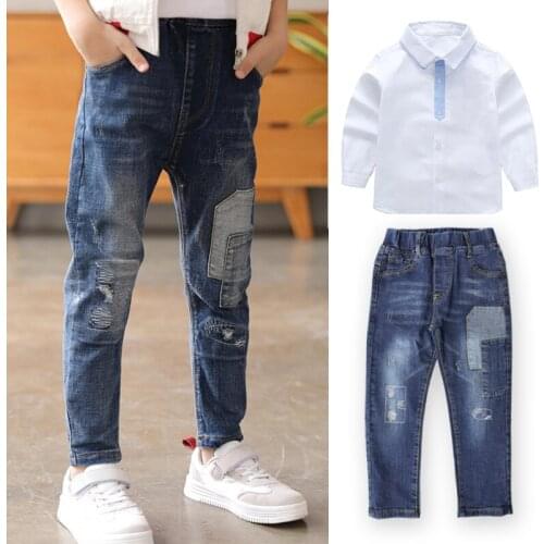 IENENS Boy Shirts Clothing Set Outfits Child Long Sleeves Shirt + Stertch Jeans Suits Kids Sping Wear Fit 4-11 Years