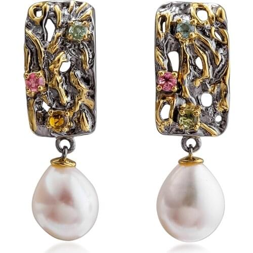 Italian handmade hollow-out inlaid natural baroque shaped pearl earrings and rings for girls