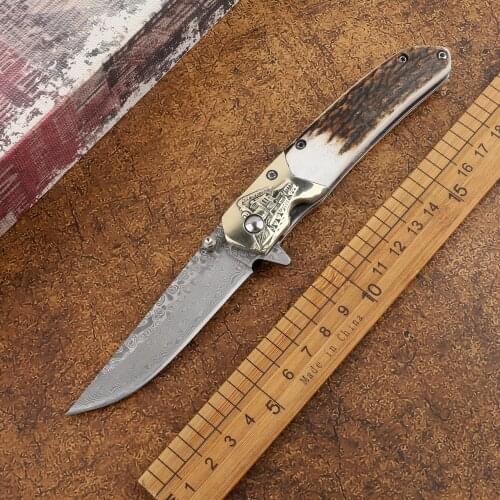 Outdoor Damascus Pocket Steel Blade Antlers Tactical Hunting Self-defense Camping Multifunctional EDC Tool Fruit Folding Knife