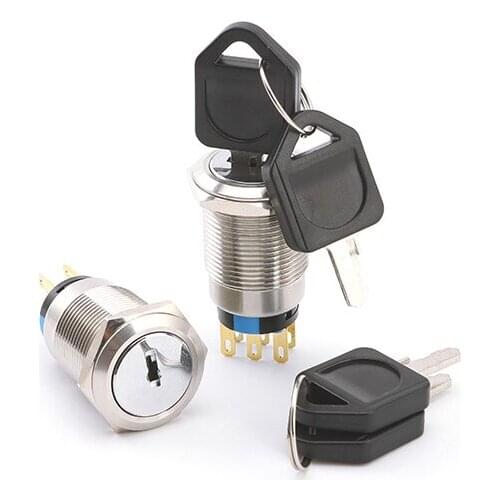 19mm/22mm Button With Key IP66 304 Stainless Steel Key Switch 2nd Gear 3rd Gear Waterproof Selector Switch Silver Contacts Knob