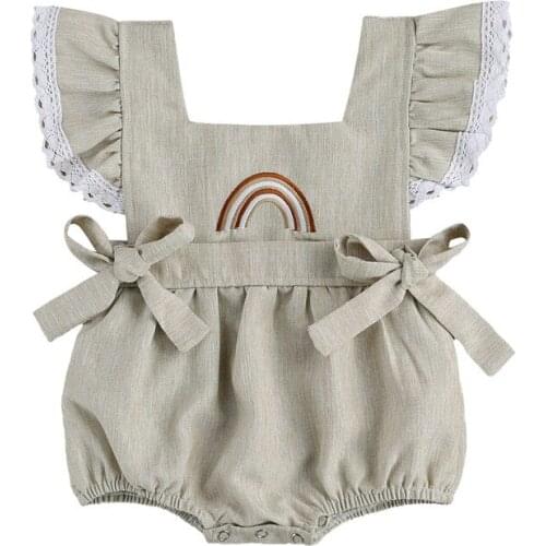 0-24M Infant Baby Girl Romper Embroidery Rainbow Bowknot Lace Fly Sleeve Jumpsuits for Summer Toddlers Clothing