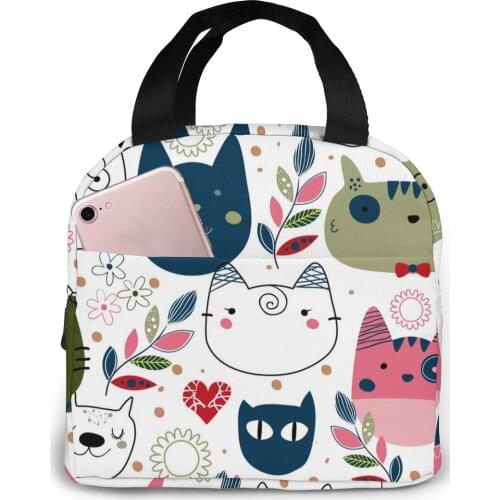Cute Cat Heads Lunch Food Box Bag Fashion Insulated Thermal Food Picnic Lunch Bag for Women kids Men Cooler Tote Bag